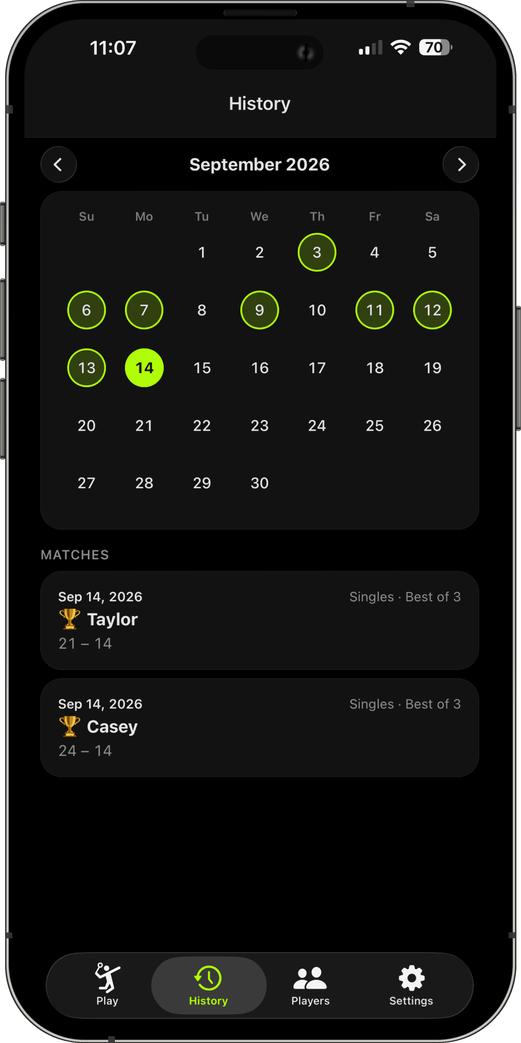 Full Match History — every match saved automatically, ready to revisit anytime.